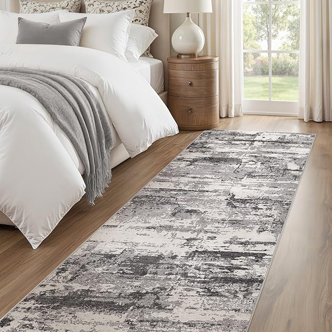 Hallway Washable Runner Rug: 3x12 Abstract Modern Soft Stain Resistant Non-Slip Backing Runner for for Entryway Kitchen Laundry - Black Grey