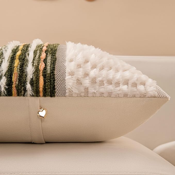 KOOLIFE Boho Chenille Tufted Couch Throw Pillow Covers 18x18 Inch Set of 2 Farmhouse Striped Decorative Pillow Covers Accent Neutral Pillowcase Dark Green Cushion Cover for Living Room Sofa Bed