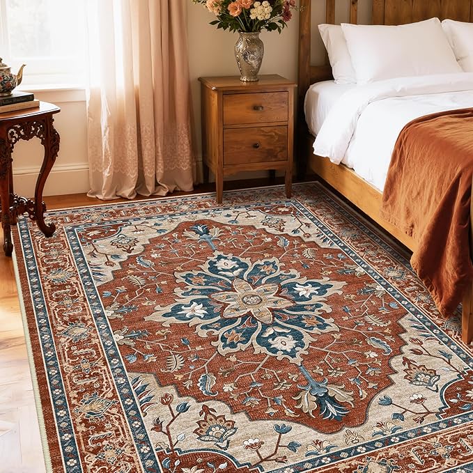 RELEANY Area Rugs 6'x9' Washable Non-Slip, Floral Vintage Distress Print Pattern Medallion Carpet for Living Room Bedroom Dining Room, Red Orange Blue Brown