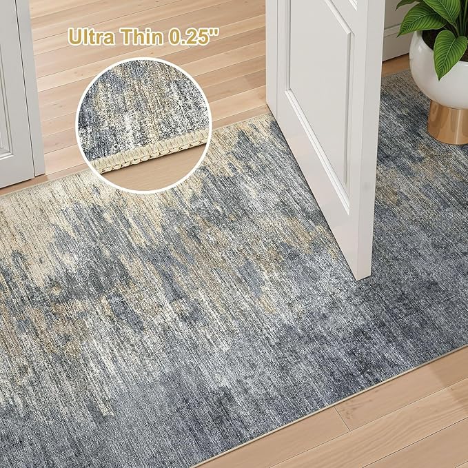 Area Rugs for Living Room: 3x5 Abstract Washable Rug Modern Neutral Large Soft Stain Resistant Non-Slip Backing Machine Table for Bedroom Dining Room Indoor Home Office Carpet - Blue Gold