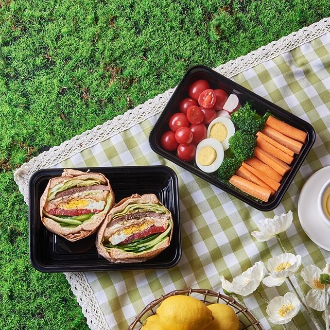 FULING 50 Pack Meal Prep Plastic Food Storage Containers With Lids 28 oz 1 Compartment Black Rectangular Reusable To Go Lunch Prepping Boxes BPA-Free Microwavable Freezer Dishwasher Safe Stackable