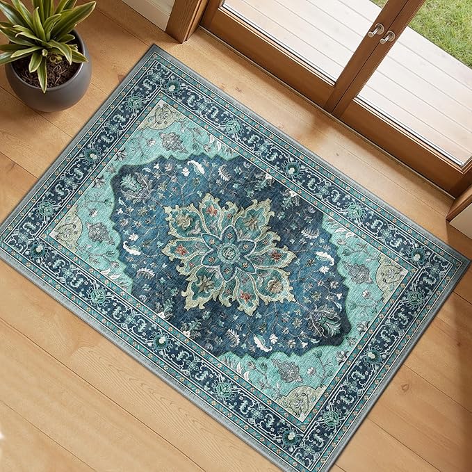 RELEANY Area Rugs 2'x3' Kitchen Rugs Entry Rug Small Rugs for Entryway Kitchen Bathroom Door Mat Indoor Entrance,Washable Non Slip, Teal Green Lake Blue Turquoise