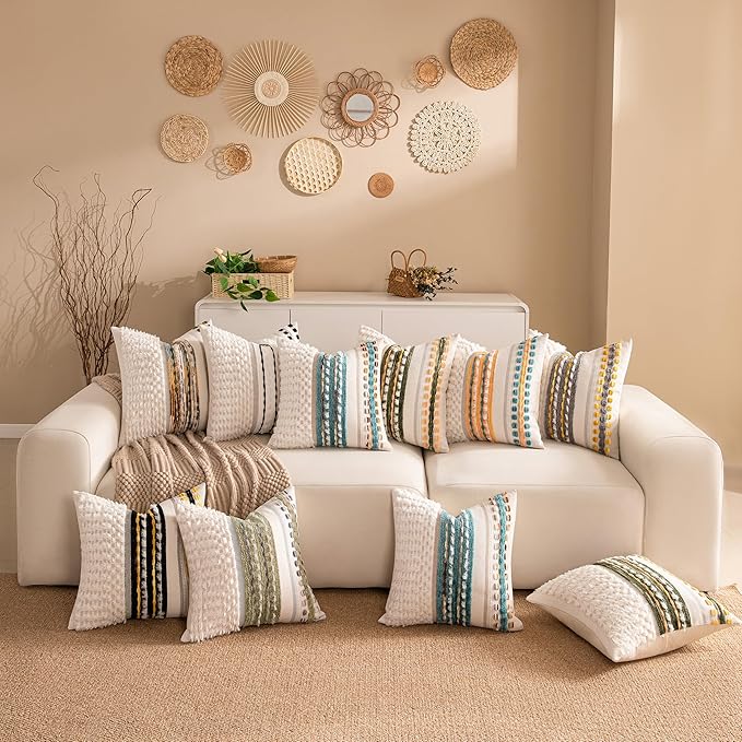 KOOLIFE Boho Chenille Tufted Couch Throw Pillow Covers 18x18 Inch Set of 2 Farmhouse Striped Decorative Pillow Covers Accent Neutral Pillowcase Brown Cushion Cover for Living Room Sofa Bed