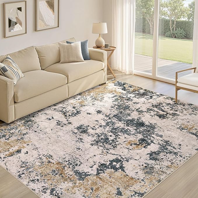 Area Rugs for Living Room: 5x8 Abstract Washable Rug Modern Neutral Large Soft Stain Resistant Non-Slip Backing Machine Table for Bedroom Dining Room Indoor Home Office Carpet - Grey Gold