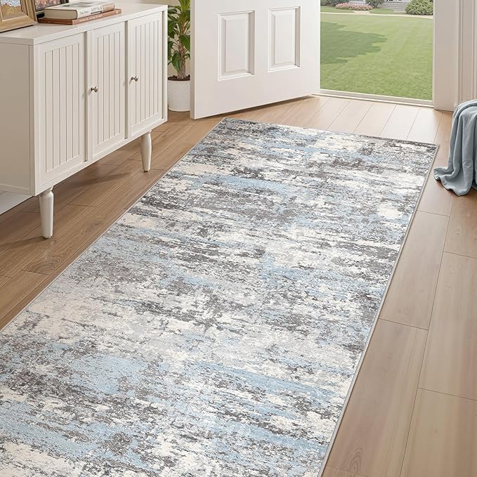 Hallway Washable Runner Rug: 3x10 Abstract Modern Soft Stain Resistant Non-Slip Backing Runner for for Entryway Kitchen Laundry - Blue Grey