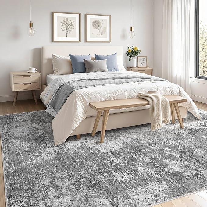 Area Rugs for Living Room: 6x9 Abstract Washable Rug Modern Neutral Large Soft Stain Resistant Non-Slip Backing Machine Table for Bedroom Dining Room Indoor Home Office Carpet - Light Grey