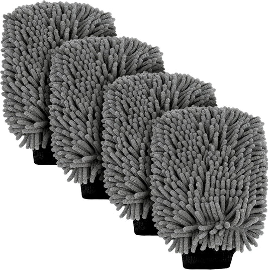 Car Wash Mitt Microfiber, Premium Chenille Microfiber Wash Car Mitts Sponge Scratch Free & Lint-Free, Mitts Waterproof Lining 4 Pack Gray(8''X12'')