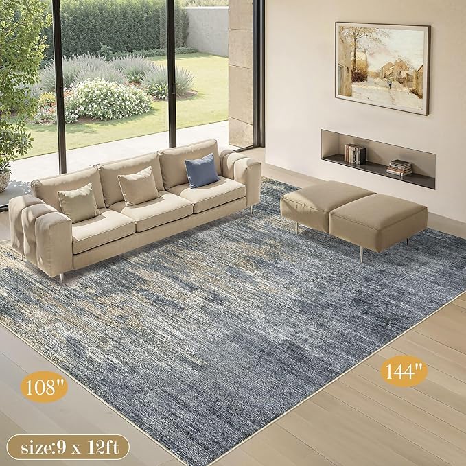 Area Rugs for Living Room: 9x12 Abstract Washable Rug Large Soft Stain Resistant Non-Slip Backing for Bedroom Dining Room Indoor Home Office Carpet for Kids Pet Friendly Families - Blue Gold