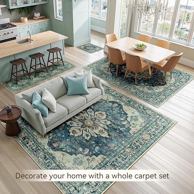 RELEANY Area Rugs 2'x3' Kitchen Rugs Entry Rug Small Rugs for Entryway Kitchen Bathroom Door Mat Indoor Entrance,Washable Non Slip, Dark Blue Vintage