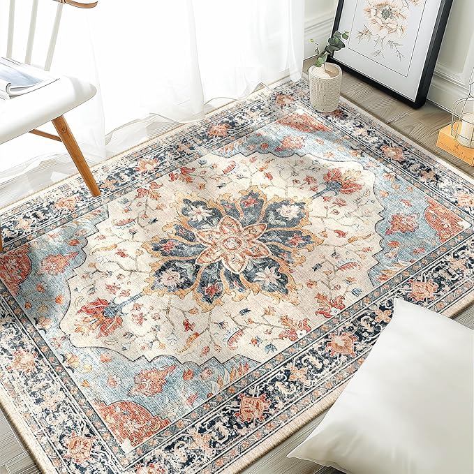 RELEANY Area Rugs 3'x4' Washable Non-Slip, Floral Vintage Distress Print Pattern Medallion Carpet for Living Room Bedroom Dining Room, Beige Navy Blue Orange Colorful