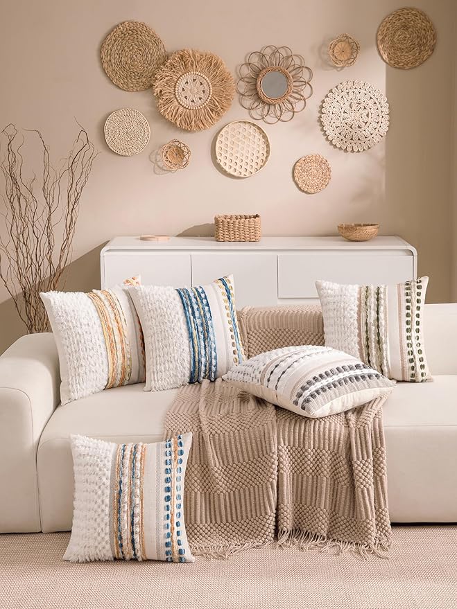 KOOLIFE Boho Chenille Tufted Couch Throw Pillow Covers 18x18 Inch Set of 2 Farmhouse Striped Decorative Pillow Covers Accent Neutral Square Pillowcase Grey Cushion Covers for Livingroom Sofa Bed