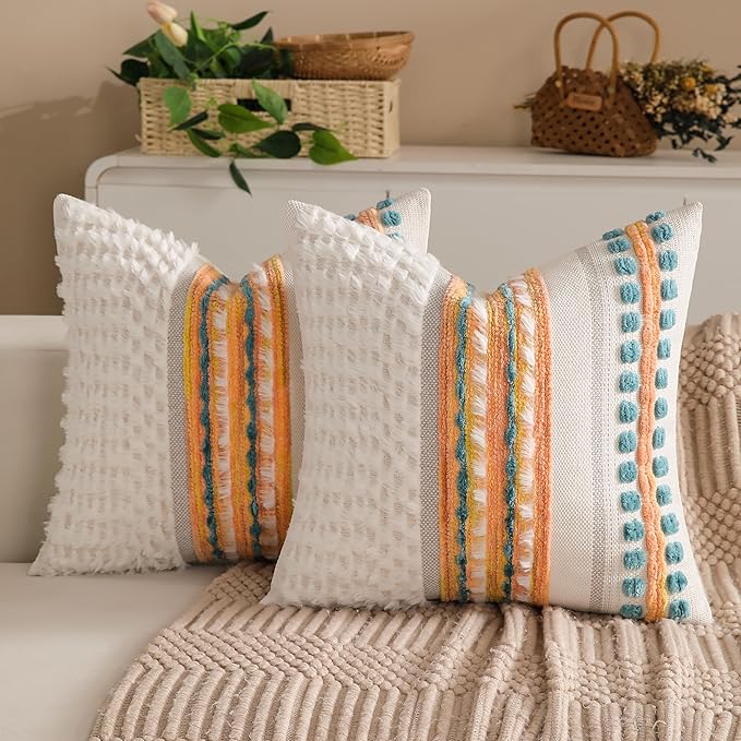 KOOLIFE Fall Boho Chenille Tufted Couch Throw Pillow Covers 18x18 Inch Set of 2 Farmhouse Striped Decorative Pillow Covers Accent Neutral Pillowcase Yellow Teal Cushion Cover for Living Room Sofa Bed
