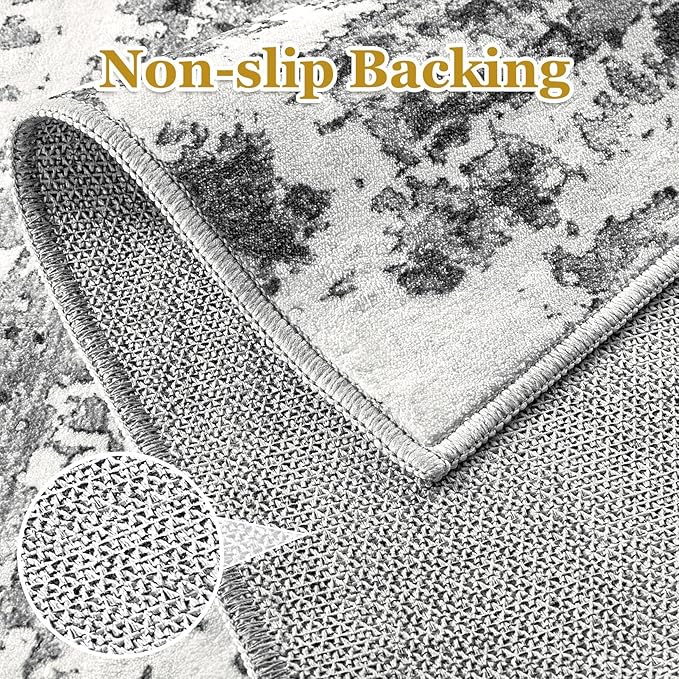 8ft Round Area Rugs for Living Room: 8x8 Abstract Washable Rug Modern Large Soft Stain Resistant Non-Slip Backing Machine Table for Bedroom Dining Room Indoor Home Office Carpet - Black Grey