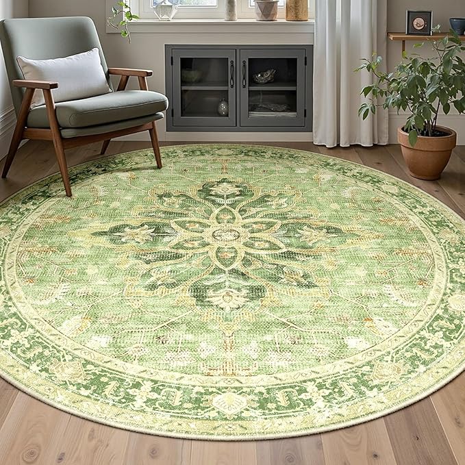 RELEANY Area Rugs 5ft Washable Non-Slip, Floral Vintage Distress Print Pattern Medallion Carpet for Living Room Bedroom Dining Room, Sage Green Yellow