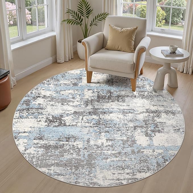 6ft Round Area Rugs for Living Room: 6x6 Abstract Washable Rug Modern Large Soft Stain Resistant Non-Slip Backing Machine Table for Bedroom Dining Room Indoor Home Office Carpet - Blue Grey