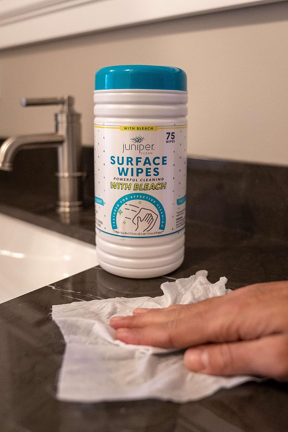 1 Pack Surface Cleaning Wipes with Bleach, All-Purpose Cleaner for Bathroom, Kitchen, Office, 75 Count Canister, 7.5" x 7" Sheet, Fresh Scent, Lint Free & Durable