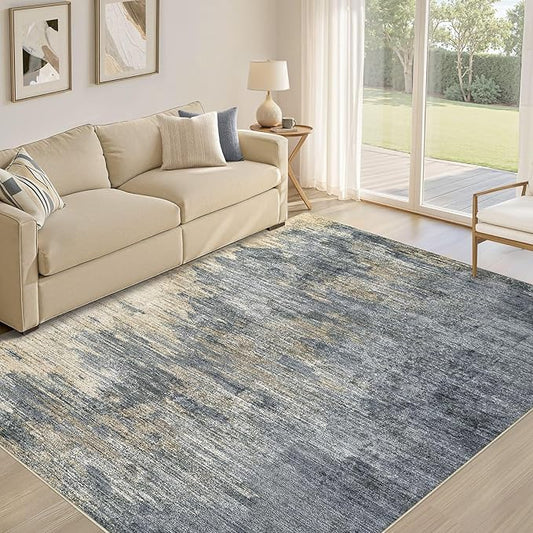 Area Rugs for Living Room: 6x9 Abstract Washable Rug Modern Neutral Large Soft Stain Resistant Non-Slip Backing Machine Table for Bedroom Dining Room Indoor Home Office Carpet - Blue Gold