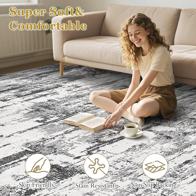 Area Rugs for Living Room: 7x9 Abstract Washable Rug Modern Neutral Large Soft Stain Resistant Non-Slip Backing Machine Table for Bedroom Dining Room Indoor Home Office Carpet - Black Grey