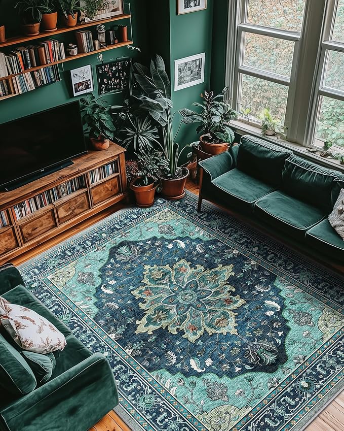 RELEANY Area Rugs 8'x10' Washable Non-Slip, Floral Vintage Distress Print Pattern Medallion Carpet for Living Room Bedroom Dining Room, Teal Green Lake Blue Turquoise
