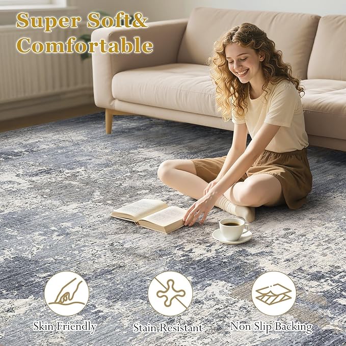 Area Rugs for Living Room: 6x9 Abstract Washable Rug Modern Neutral Large Soft Stain Resistant Non-Slip Backing Machine Table for Bedroom Dining Room Indoor Home Office Carpet - Light Denim Blue