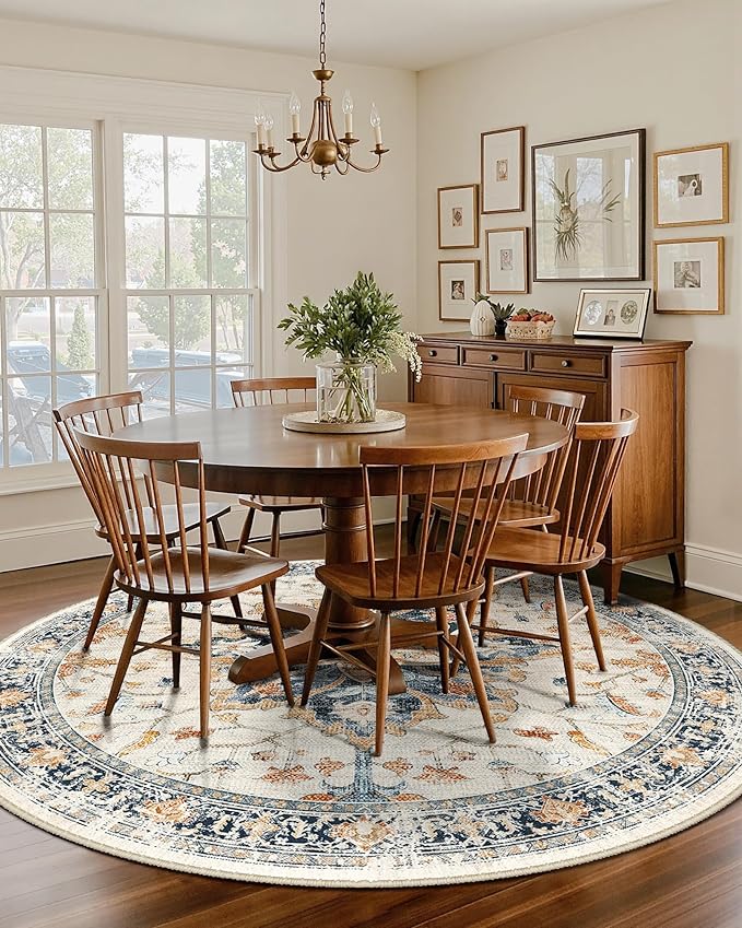 RELEANY 8ft Round Rug, Area Rugs 8ft, Washable Rug, Non-Slip, Rugs for Living Room for Bedroom, Circle , Vintage Rugs Boho Floral Medallion, Low Pile, Soft, Beige Dark Blue Navy Red