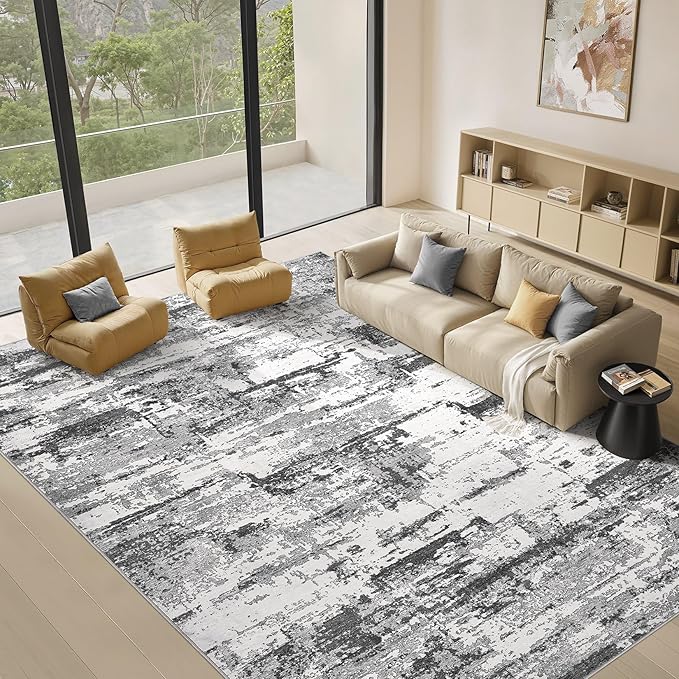 Area Rugs for Living Room: 12x15 Abstract Washable Rug Modern Neutral Large Soft Stain Resistant Non-Slip Backing Machine Table for Bedroom Dining Room Indoor Home Office Carpet - Black Grey