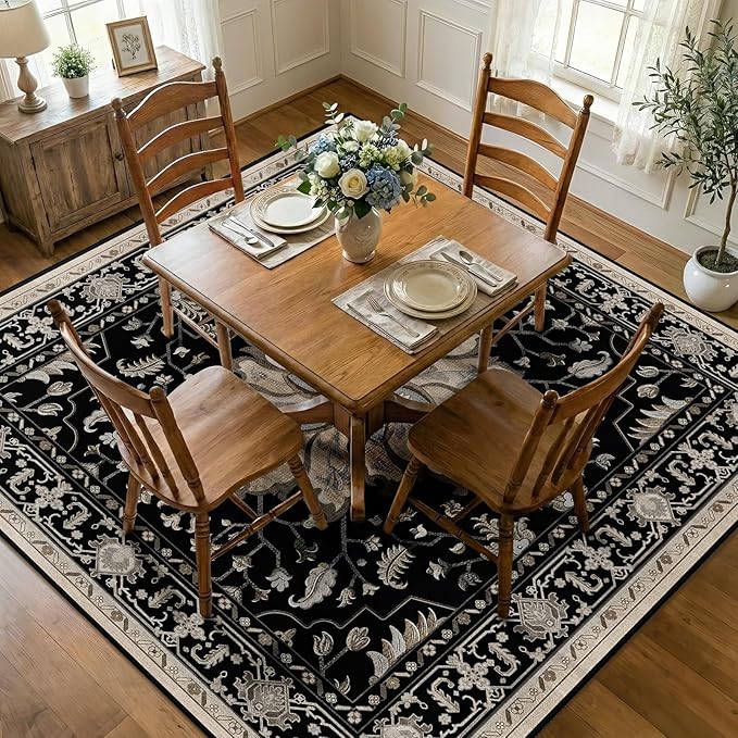 RELEANY Area Rugs Square 7ft Washable Non-Slip, Floral Vintage Distress Print Pattern Medallion Carpet for Living Room Bedroom Dining Room, Black Brown Neutral Dark Tan