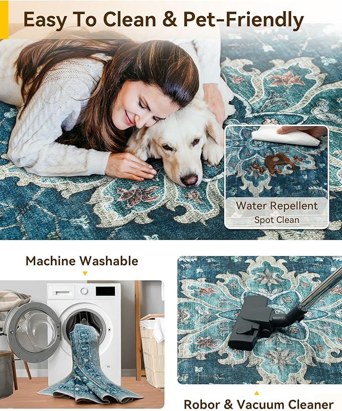 RELEANY Area Rugs 3'x9' Runner Rug Non Slip Washable for Kitchen Hallway Bedroom Beside Laundry Room Bathroom Rug, Floor Carpet, Teal Green Lake Blue Turquoise