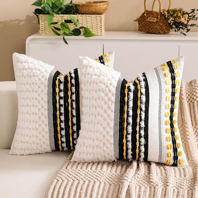 KOOLIFE Boho Chenille Tufted Couch Throw Pillow Covers 18x18 Inch Set of 2 Farmhouse Striped Decorative Pillow Covers Accent Neutral Pillowcase Black Yellow Cushion Cover for Living Room Sofa Bed