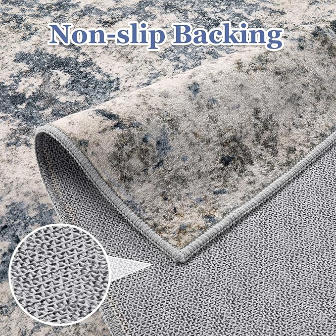 8ft Round Area Rugs for Living Room: 8x8 Abstract Washable Rug Modern Large Soft Stain Resistant Non-Slip Backing Machine Table for Bedroom Dining Room Indoor Home Office Carpet - Blue Brown