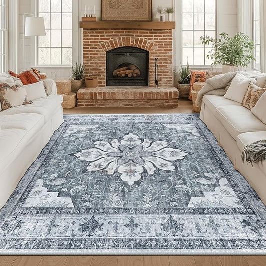 RELEANY Area Rugs Square 8ft Washable Non-Slip, Floral Vintage Distress Print Pattern Medallion Carpet for Living Room Bedroom Dining Room, Light Gray Grey White