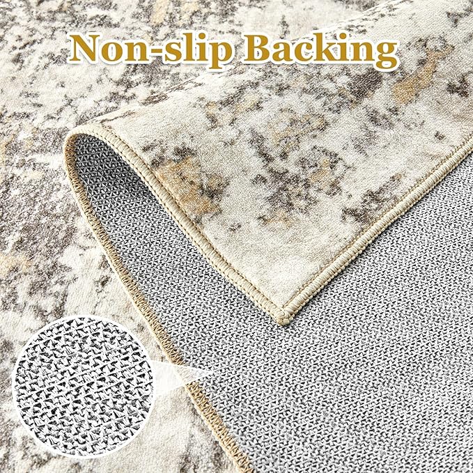 8ft Round Area Rugs for Living Room: 8x8 Abstract Washable Rug Modern Large Soft Stain Resistant Non-Slip Backing Machine Table for Bedroom Dining Room Indoor Home Office Carpet - Gold Brown