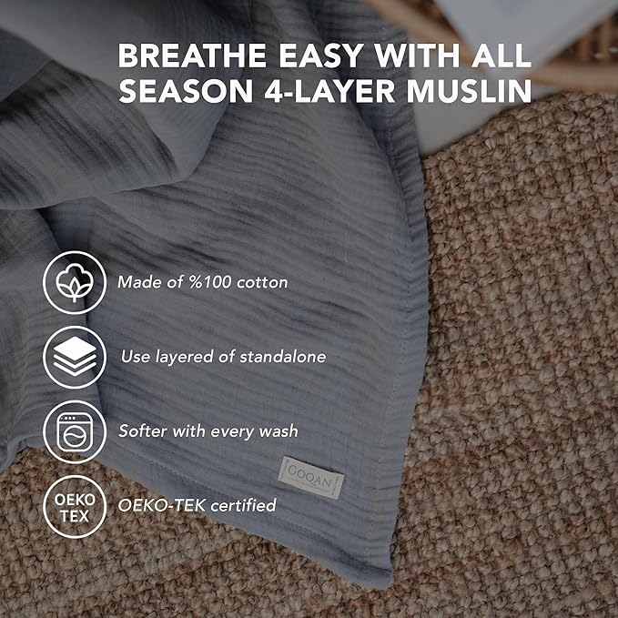 Goqan Muslin Blanket Twin 55x79 – 100% Turkish Cotton 4 Layer Boho Muslin Blanket for Adults, Four Season, Lightweight and Thin, Soft, Breathable, for Bed, Couch - Light Grey