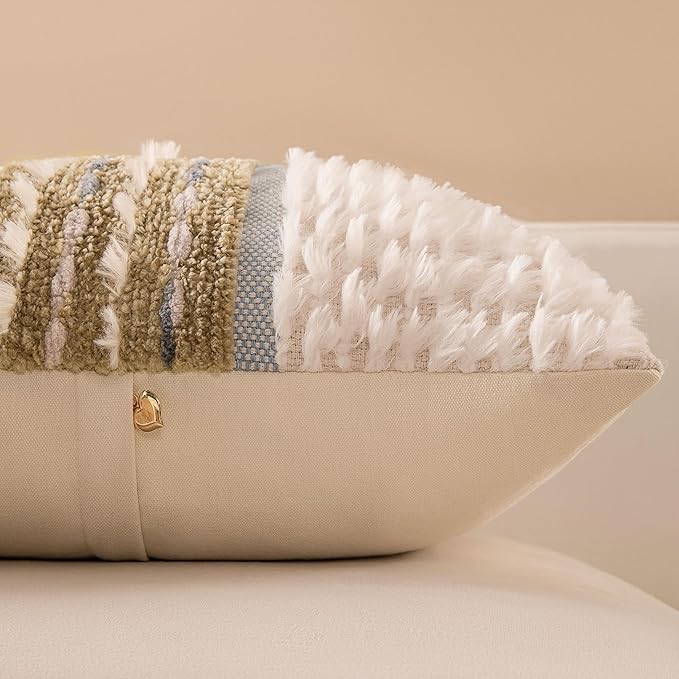 KOOLIFE Boho Chenille Tufted Couch Throw Pillow Covers 18x18 Inch Set of 2 Farmhouse Striped Decorative Pillow Covers Accent Neutral Pillowcase Brown Cushion Cover for Living Room Sofa Bed