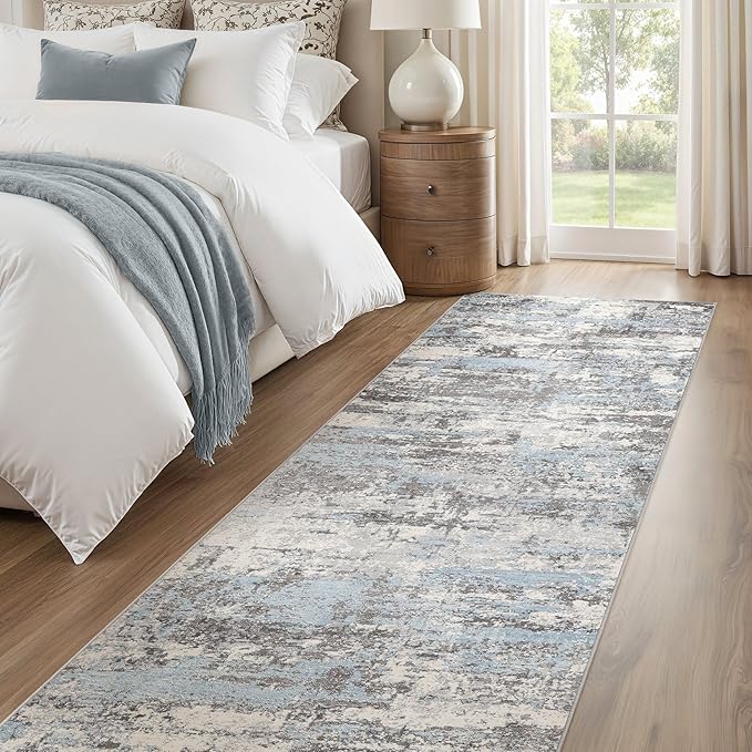 Hallway Washable Runner Rug: 3x12 Abstract Modern Soft Stain Resistant Non-Slip Backing Runner for for Entryway Kitchen Laundry - Blue Grey