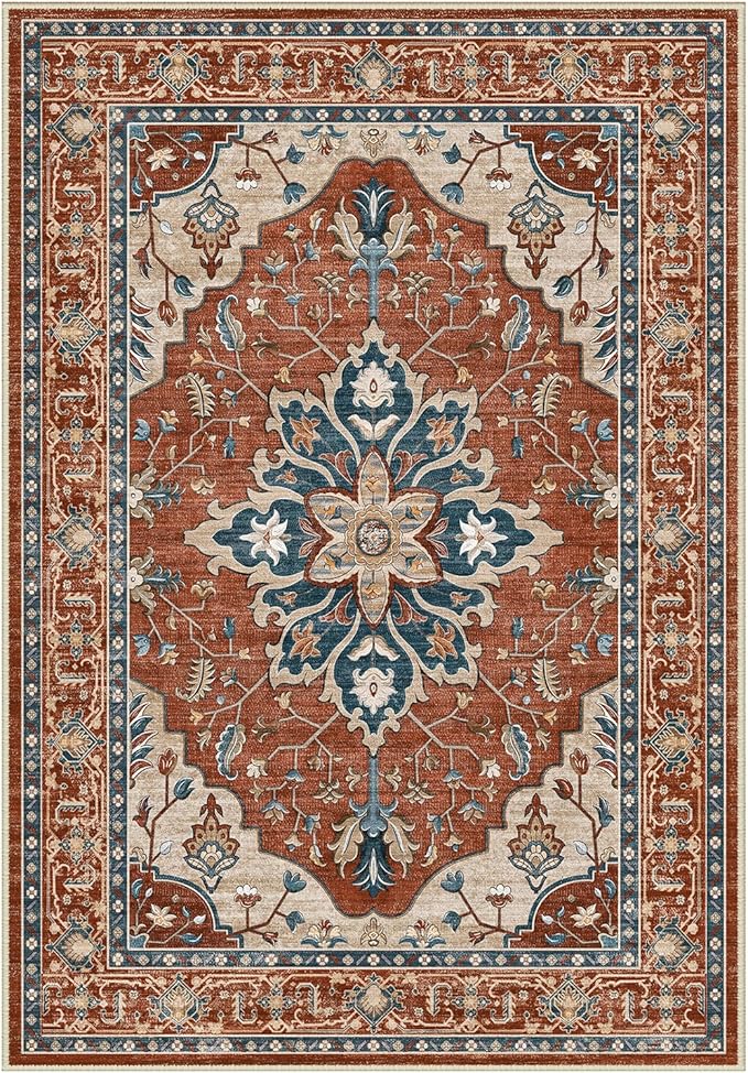 RELEANY Area Rugs Round 6ft Washable Non-Slip, Floral Vintage Distress Print Pattern Medallion Carpet for Living Room Bedroom Dining Room, Red Orange Blue Brown