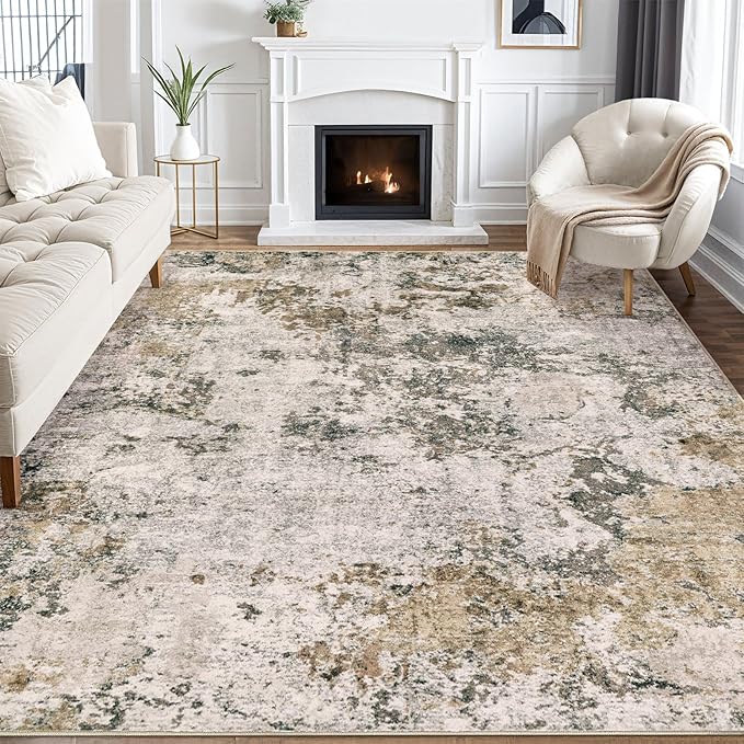 Area Rugs for Living Room: 9x12 Abstract Washable Rug Large Soft Stain Resistant Non-Slip Backing for Bedroom Dining Room Indoor Home Office Carpet for Kids Pet Friendly Families - Dark Brown