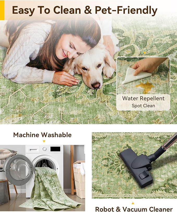 RELEANY Area Rugs 8ft Washable Non-Slip, Floral Vintage Distress Print Pattern Medallion Carpet for Living Room Bedroom Dining Room, Sage Green Yellow