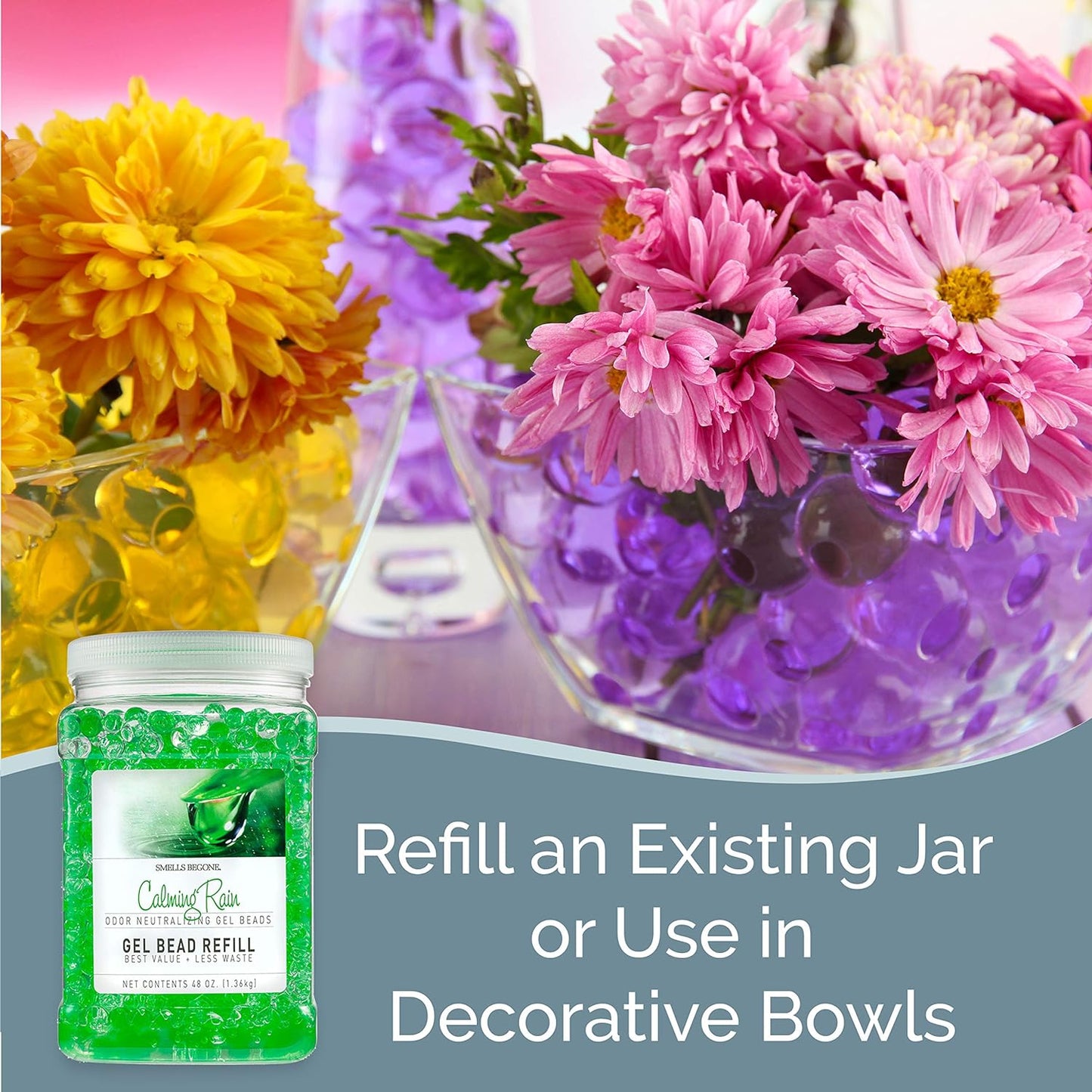 SMELLS BEGONE Odor Eliminator Gel Bead Value Pack - 72 oz - Air Freshener Eliminates Odors in Bathrooms, Pet Areas, Boats, RVs & Cars - Made with Essential Oils - Calming Rain Scent