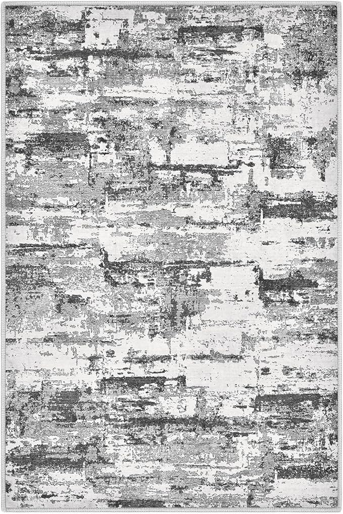 Washable Area Rugs: 2x3 Abstract Modern Soft Stain Resistant Non-Slip Backing for Living Room Entryway Bedroom Nursery - Black Grey
