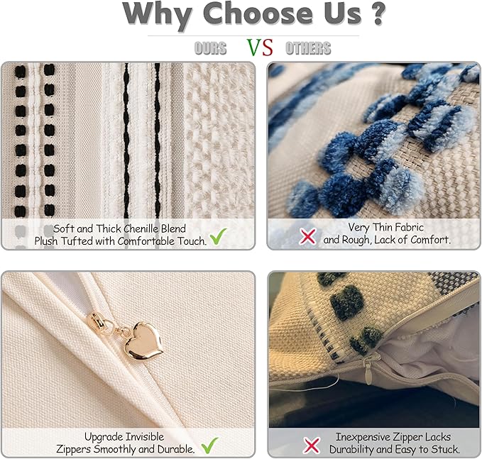 KOOLIFE Boho Chenille Tufted Couch Throw Pillow Covers 18x18 Inch Set of 2 Farmhouse Striped Decorative Pillow Covers Accent Neutral Pillowcase Black Cushion Cover for Living Room Sofa Bed