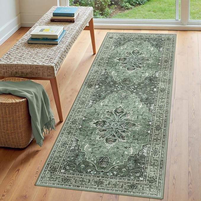 RELEANY Area Rugs 3'x7' Runner Rug Non Slip Washable for Kitchen Hallway Bedroom Beside Laundry Room Bathroom Rug, Floor Carpet, Dark Green Gray