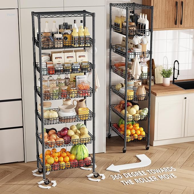 7 Tier Wire Shelving Unit with Wheels 72" H Adjustable Basket Shelf Storage Shelves with Hooks for Kitchen Bathroom Garage Closet Laundry Room Organization 72" H x 24" W x 14" D, Black