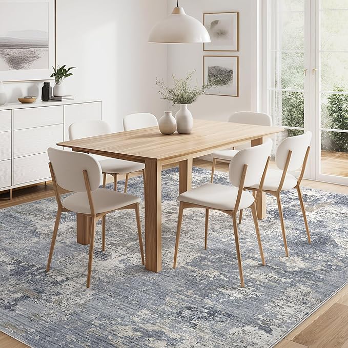 Area Rugs for Living Room: 9x12 Abstract Washable Rug Modern Neutral Large Soft Stain Resistant Non-Slip Backing Machine Table for Bedroom Dining Room Indoor Home Office Carpet - Light Denim Blue