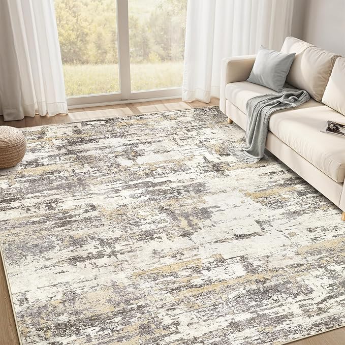 Area Rugs for Living Room: 5x8 Abstract Washable Rug Modern Neutral Large Soft Stain Resistant Non-Slip Backing Machine Table for Bedroom Dining Room Indoor Home Office Carpet - Gold Brown