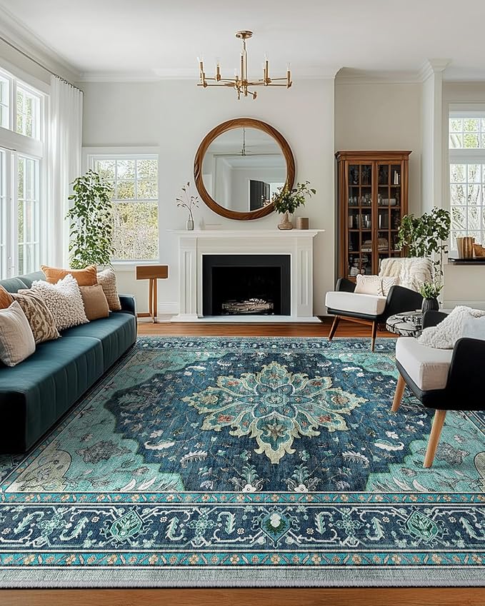 RELEANY Area Rugs 10'x14' Washable Non-Slip, Floral Vintage Distress Print Pattern Medallion Carpet for Living Room Bedroom Dining Room, Teal Green Lake Blue Turquoise