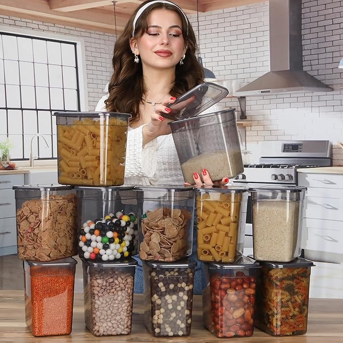 T&D HOME GOODS Storage Jars with Lid, Airtight, Set of 12 Storage Containers, BPA-Free, Storage Container for Cereal, Flour, Kitchen, Practical Organiser Kitchen, (12, Rectangular)