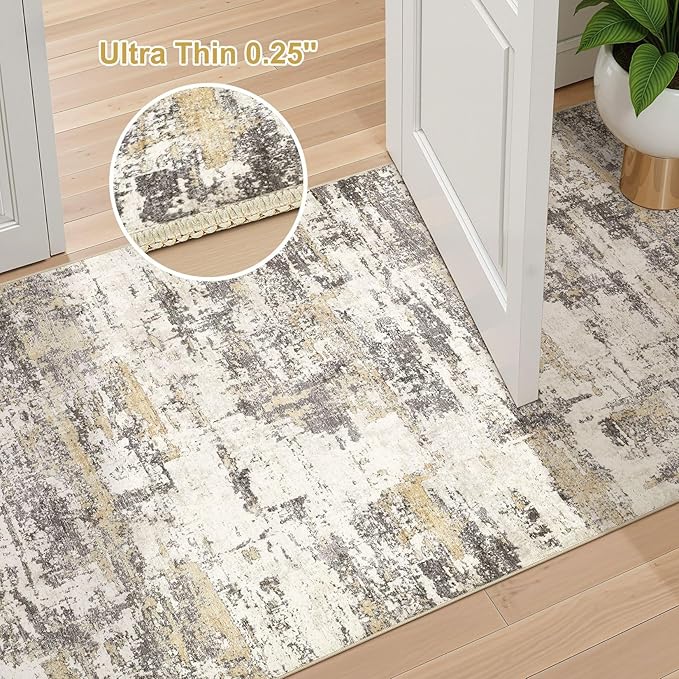 Hallway Washable Runner Rug: 3x5 Abstract Modern Soft Stain Resistant Non-Slip Backing Runner for for Entryway Kitchen Laundry Living Bathroom - Gold Brown