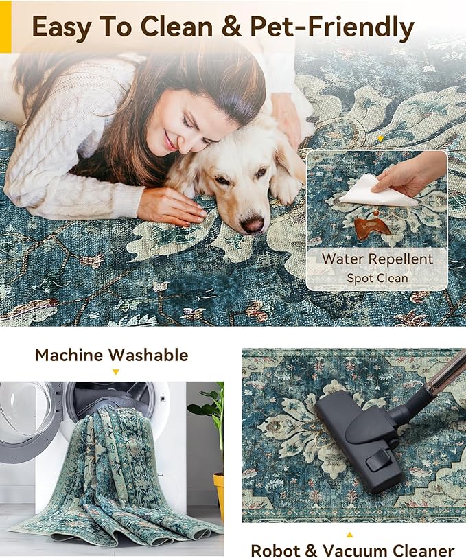 RELEANY Area Rugs 3'x10' Runner Rug Non Slip Washable for Kitchen Hallway Bedroom Beside Laundry Room Bathroom Rug, Floor Carpet, Dark Blue Vintage