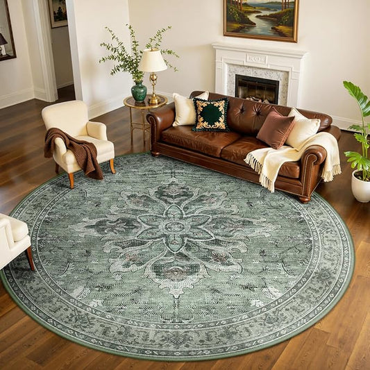 RELEANY Area Rugs 8ft Washable Non-Slip, Floral Vintage Distress Print Pattern Medallion Carpet for Living Room Bedroom Dining Room, Dark Green Gray